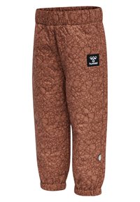 Bruine gestreepte sweatpants met een elastische tailleband, voorzien van een Hummel logo patch, taps toelopende boorden en een gestructureerd ontwerp.