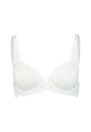 White lace underwire bra with floral patterns, wide adjustable straps, and scalloped edges on a plain background.