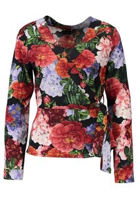 Top enroulé floral avec des manches longues, un décolleté en V profond, et des fleurs vives sur un fond noir. Fabriqué en tissu léger avec une ceinture à nouer.