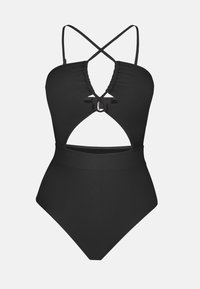 Maillot de bain noir une pièce avec des bretelles croisées, un devant froncé, un dos ouvert et une taille large. Texture lisse et design minimaliste.