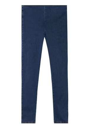 Mørkeblå slim-fit denimjeans med et rent design, uden synlige lommer eller pynt, vist fladt mod en hvid baggrund.