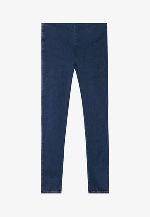 Mørkeblå slim-fit denimjeans med et rent design, uden synlige lommer eller pynt, vist fladt mod en hvid baggrund.