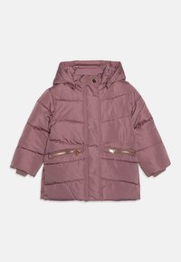 Padded hooded jacket in dusty rose with two gold zip pockets, feature stitching, and ribbed cuffs. Lightweight, water-resistant material.