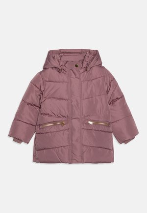 Padded hooded jacket in dusty rose with two gold zip pockets, feature stitching, and ribbed cuffs. Lightweight, water-resistant material.
