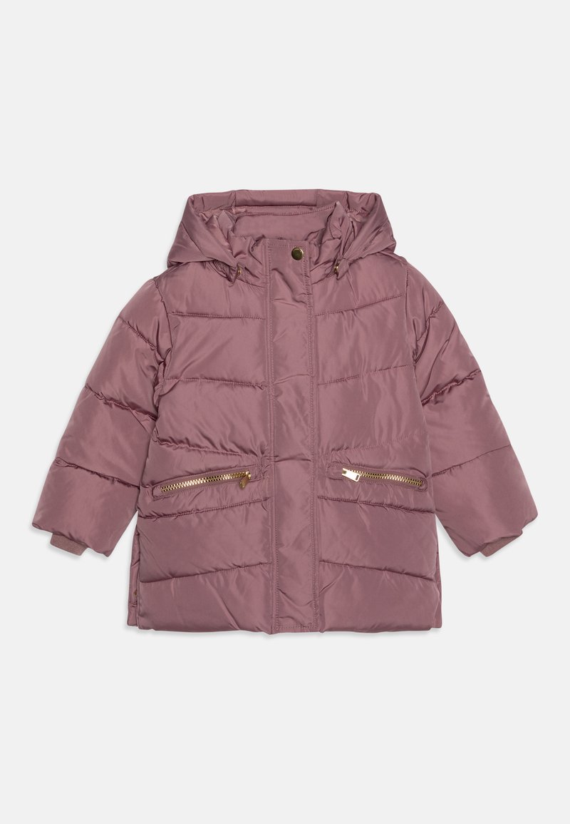 Padded hooded jacket in dusty rose with two gold zip pockets, feature stitching, and ribbed cuffs. Lightweight, water-resistant material.