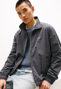 Giacca grigia con zip e colletto alto, indossata sopra un maglione a righe blu. I jeans azzurri sono visibili in vita.