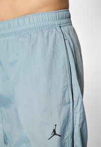 Lyseblå træningsshorts med elastisk talje og sort Jumpman-logo nær højre lomme på en persons hofte.
