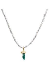 Collana con pendente in cristallo caratterizzata da una catena di perline trasparenti e sfaccettate, un punto di cristallo verde-teal e un cappuccio di accento dorato.