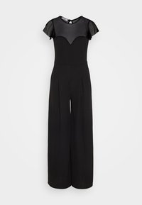 Black jumpsuit with a sheer, short-sleeved top, v-shaped neckline, pleated wide-leg trousers, and a keyhole back detail. Smooth texture.