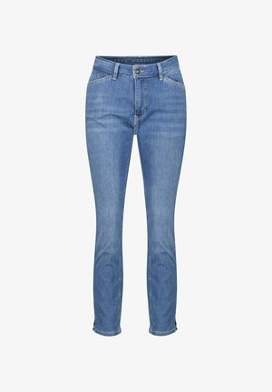 Light blue denim jeans with a slim fit, featuring a single button closure, five pockets, and subtle whiskering on the front.