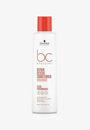 Weiße Plastikflasche des Schwarzkopf Professional BC Bonacure Repair Rescue Conditioners, ausgestattet mit einem roten Klappdeckel und bedrucktem Text in Rot.