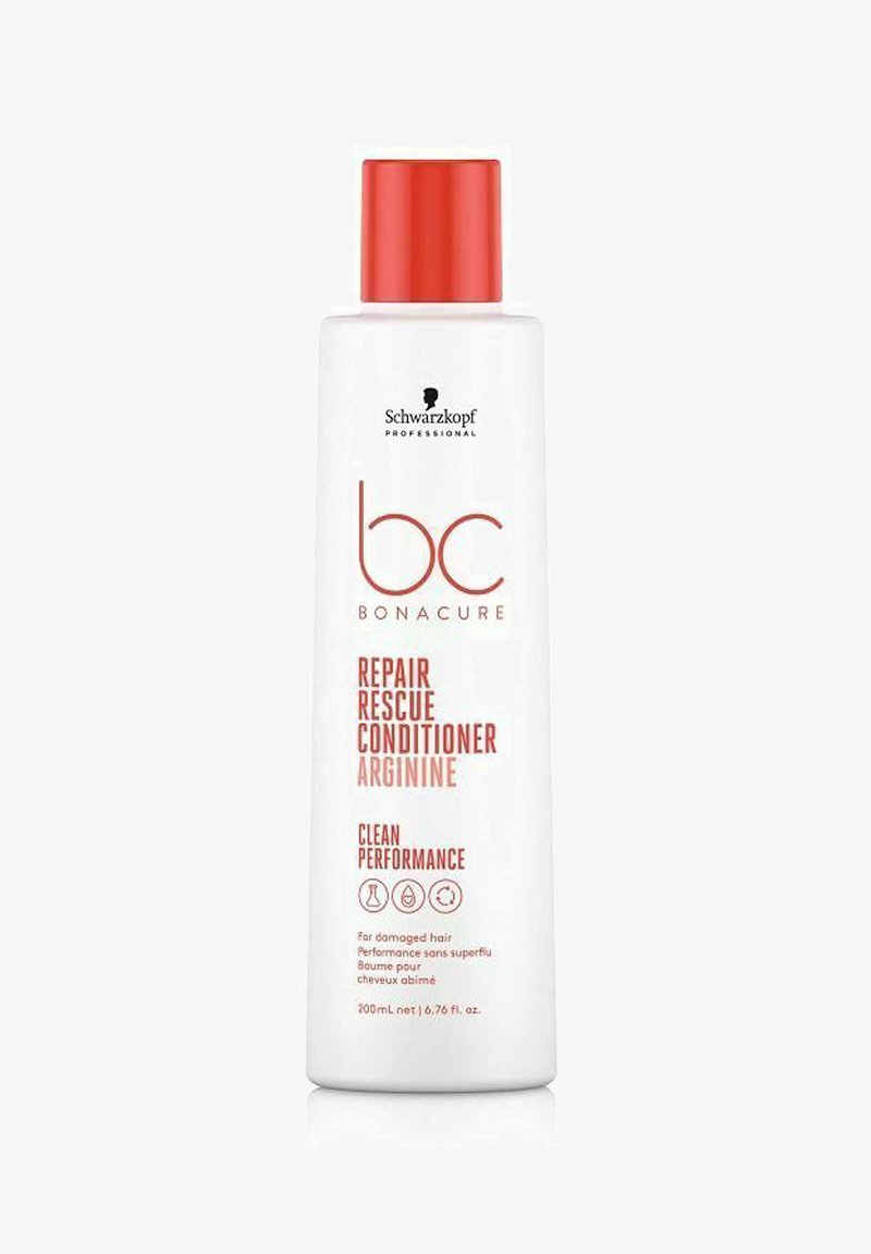 White plastic bottle of Schwarzkopf Professional BC Bonacure Repair Rescue Conditioner, featuring a red flip-top cap and printed text in red.