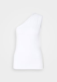 Haut blanc sans manches avec une seule bretelle, coupe ajustée, présenté sur un fond clair uni.