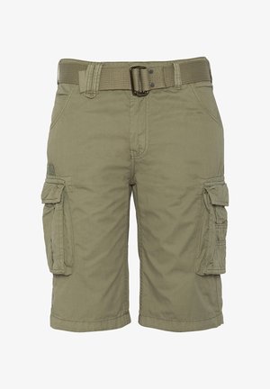 Khaki szorty cargo z trwałego materiału, z plecionym paskiem, wieloma bocznymi kieszeniami i luźnym krojem dla większego komfortu.