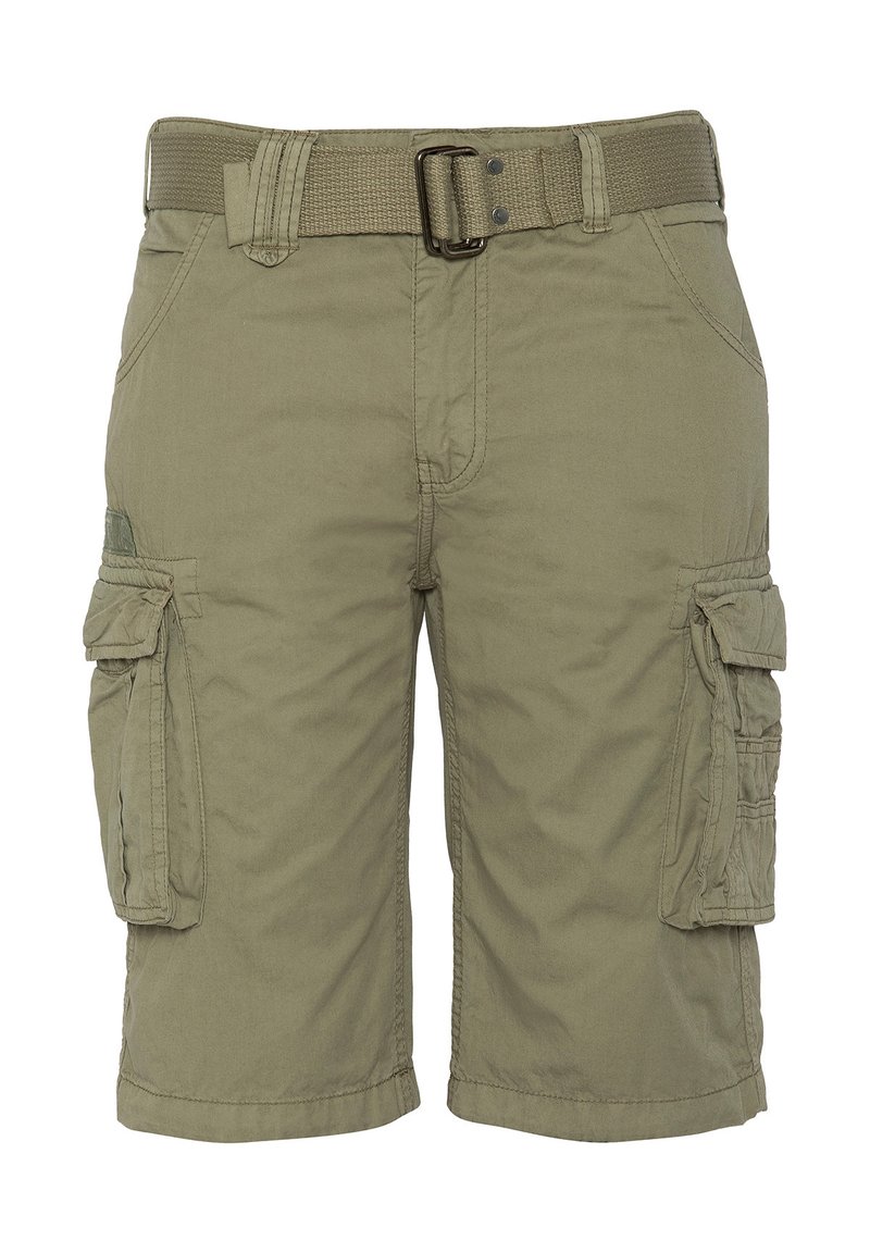 Pantaloni cargo color khaki realizzati in un tessuto resistente, dotati di una cintura intrecciata, numerose tasche laterali e una vestibilità rilassata per il massimo comfort.