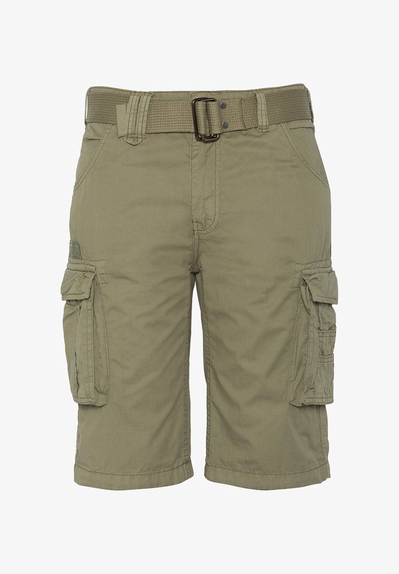 Pantaloni cargo color khaki realizzati in un tessuto resistente, dotati di una cintura intrecciata, numerose tasche laterali e una vestibilità rilassata per il massimo comfort.