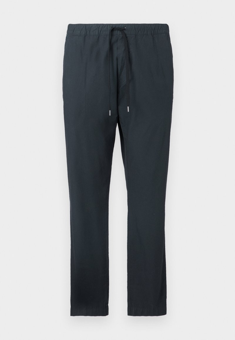 Pantalon noir en tissu léger, avec une taille élastique et un cordon de serrage, jambes droites et détails minimaux.