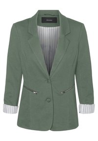 Zelený blazer se striktním designem, s klopou, zipovými kapsami a pruhovanou podšívkou. Manžety mají pruhovaný vzor.