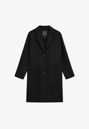 Schwarzer Wollmantel mit Schößchenkragen, einreihigem Design, drei Knöpfen und zwei Fronttaschen. Glatte Textur und lange Ärmel.