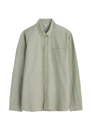Lichtgroene langærmelige shirt gemaakt van zachte stof, met een button-down kraag, een borstzak en een knoopsluiting aan de voorkant.