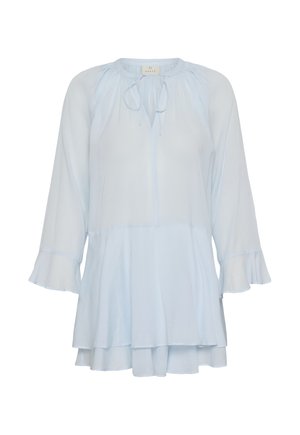 Light blue long-sleeve blouse with ruffled cuffs, layered hem, gathered neckline, and tied bow at front collar.