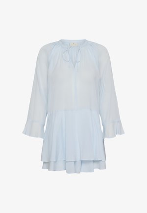 Light blue long-sleeve blouse with ruffled cuffs, layered hem, gathered neckline, and tied bow at front collar.