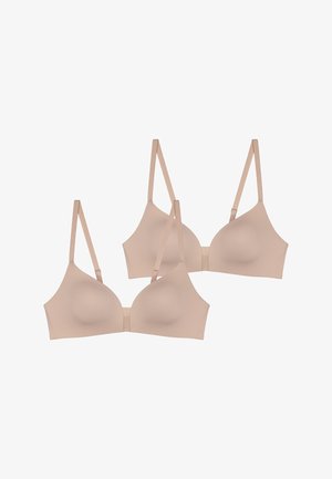 Dos sujetadores nude sin costuras con copas suaves y moldeadas, tirantes ajustables y una textura lisa. Diseño clásico adecuado para el uso diario.