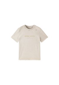 Camiseta de algodón color beige con cuello redondo, con detalles desgastados y un logo desvanecido en el pecho. Mangas cortas, corte holgado.