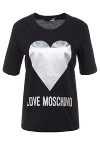 Black short-sleeve shirt with large silver heart graphic and "LOVE MOSCHINO" text printed below the heart on the front.