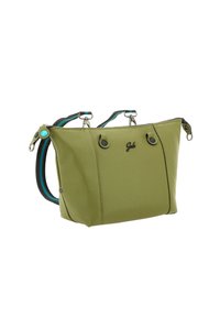 Borsa a mano in pelle verde oliva con dettagli dei bottoni neri, tracolla staccabile a strisce blu e nere e chiusura superiore con zip.