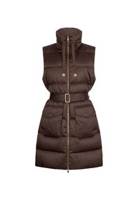 Giubbotto senza maniche imbottito marrone con alto colletto, chiusura frontale con zip, cintura regolabile e due grandi tasche con patta e bottoni.