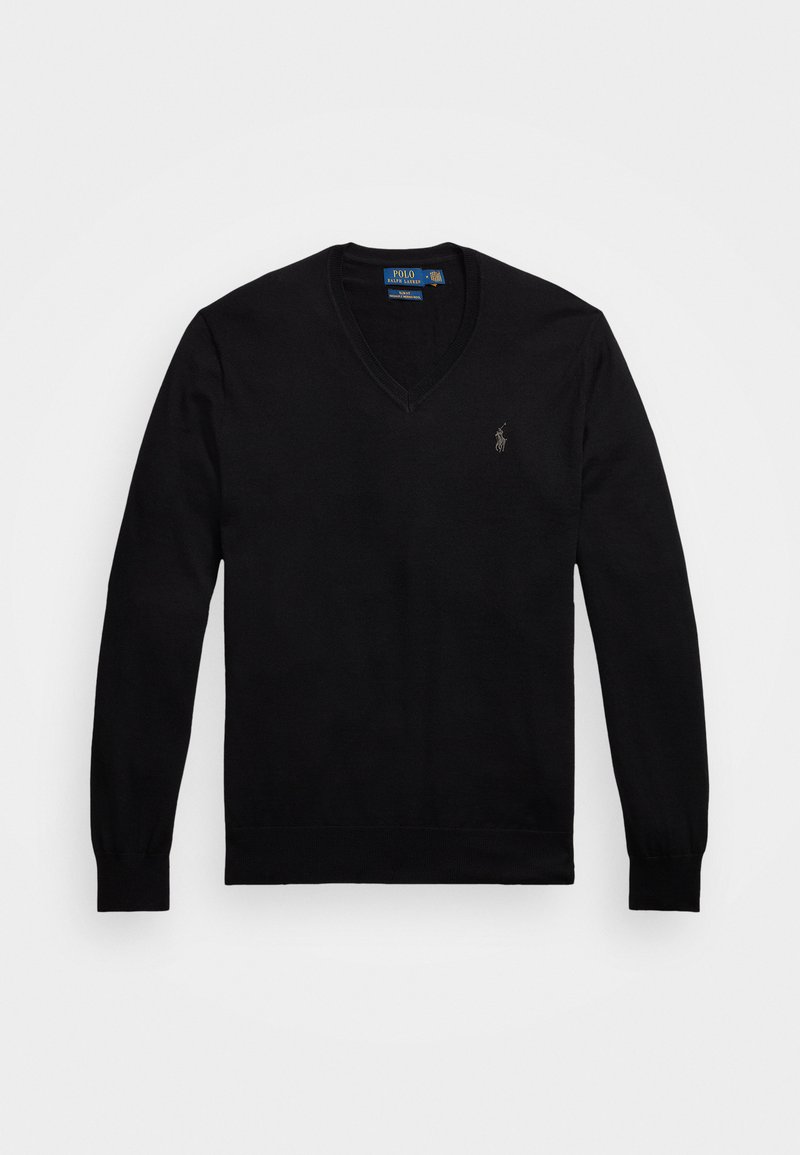 Schwarzer V-Ausschnitt-Pullover aus weichem Strickmaterial. Mit langen Ärmeln und einem kleinen gestickten Logo auf der Brust. Rippstrickbündchen und Saum.