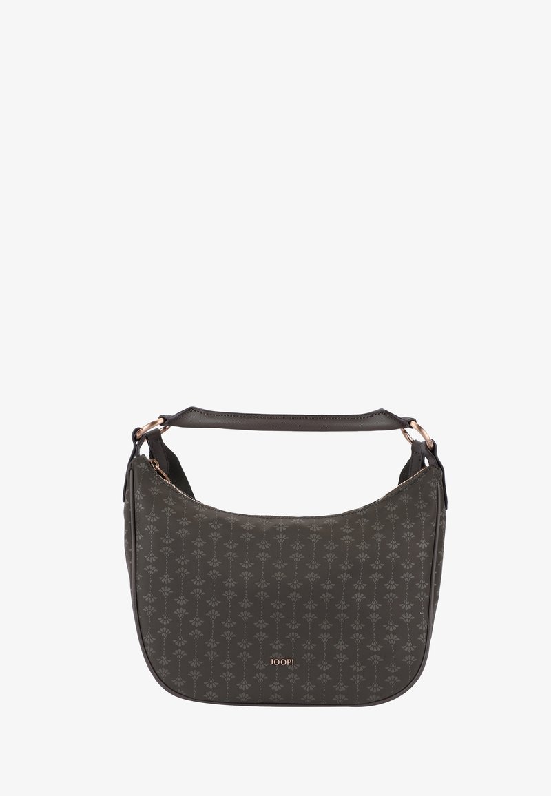 Brun mönstrad axelväska med en böjd form. Har en axelrem, dragkedjestängning och en diskret logotypaccent i botten.