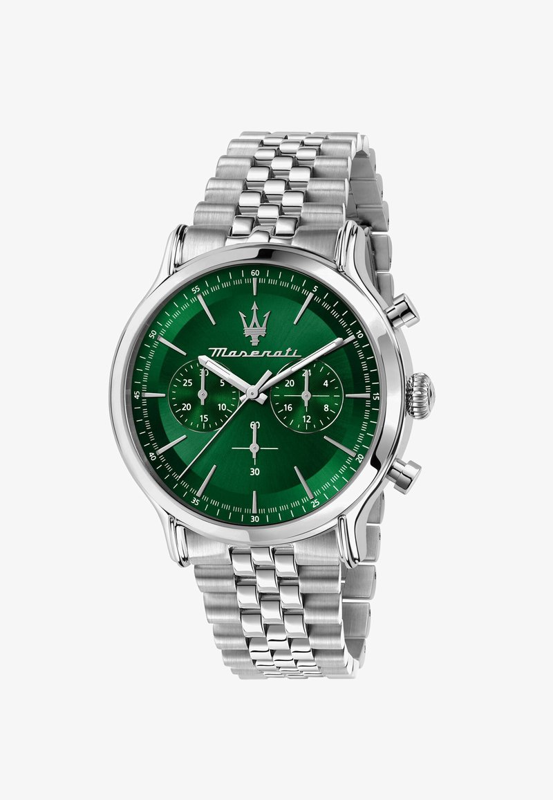 Orologio Maserati con quadrante in metallo verde, cassa e bracciale in acciaio inossidabile, tre sottodial e una corona. Lancette e dettagli in argento.