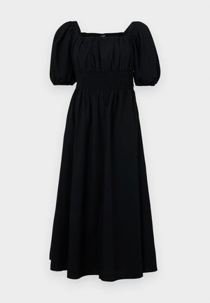 Abito nero in cotone con maniche corte a sbuffo, scollo quadrato e vita arricciata. La gonna svasata arriva a metà polpaccio, con una texture liscia e senza motivi.