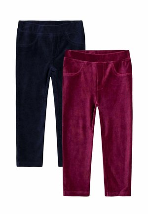 Twee paar corduroy broeken: één marineblauw en één bordeaux, beide met een rekbare tailleband en voortassen. Textiel met textuur.