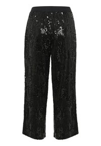 Pantaloni neri decorati con paillettes, dotati di una superficie testurizzata e una vita alta. Design corto con una silhouette dritta.