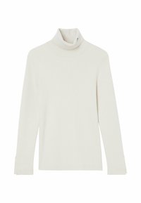 Ribbad vit polotröja med lång ärm och sidslitsar i fållen. Har en diskret logotyp vid kragen. Mjuk textur.