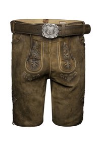 Pantalones cortos de cuero marrón con intrincados patrones bordados en los bolsillos frontales y laterales, que cuentan con una hebilla de cinturón decorativa de plata.