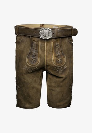 Brown leather shorts with intricate embroidered patterns on the front pockets and sides, featuring a decorative silver belt buckle.