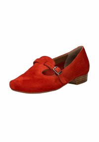 Red suede shoe with a rounded toe, cutout design, and adjustable strap featuring a silver buckle. Low wooden heel and smooth inner lining.