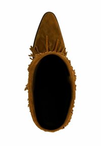 Brauner Wildleder-Stiefelette mit Fransenverzierung am Öffnung, spitzer Zehenpartie und einem tiefen, dunklen Innenraum. Strukturierte Außenseite.
