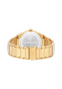Gouden roestvrijstalen horloge met een stevige band, rechthoekige kast en een gladde zilveren achterkant gegraveerd met "SPEARS & WALKER."