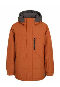 Veste isolante orange avec une poche zippée sur la poitrine gauche, capuche ajustable, motif surpiqué et poignets élastiques.