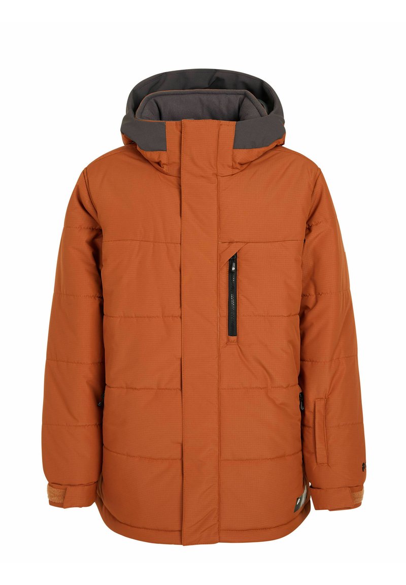 Veste isolante orange avec une poche zippée sur la poitrine gauche, capuche ajustable, motif surpiqué et poignets élastiques.