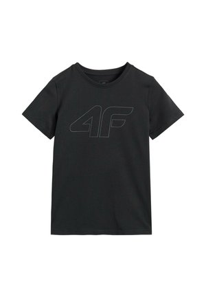 Czarna koszulka z krótkim rękawem, okrągłym dekoltem i dużym konturowanym logo "4F" na piersi.