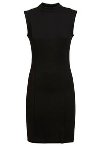 Robe noire ajustée sans manches avec col haut et fermeture éclair au dos, longueur genou, design minimaliste.