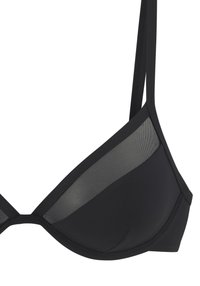 Black triangular bikini top featuring a mesh panel on one side, adjustable straps, and a smooth matte texture. No visible hardware.
