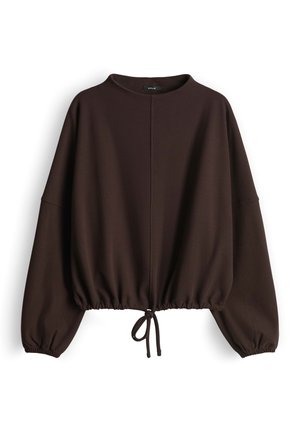 Donkerbruin cropped sweatshirt met een hoge halslijn, oversized mouwen en een aantrekkoord aan de zoom voor verstelbaarheid. Zacht materiaal.