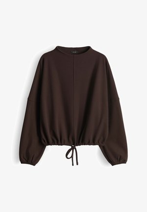 Donkerbruin cropped sweatshirt met een hoge halslijn, oversized mouwen en een aantrekkoord aan de zoom voor verstelbaarheid. Zacht materiaal.